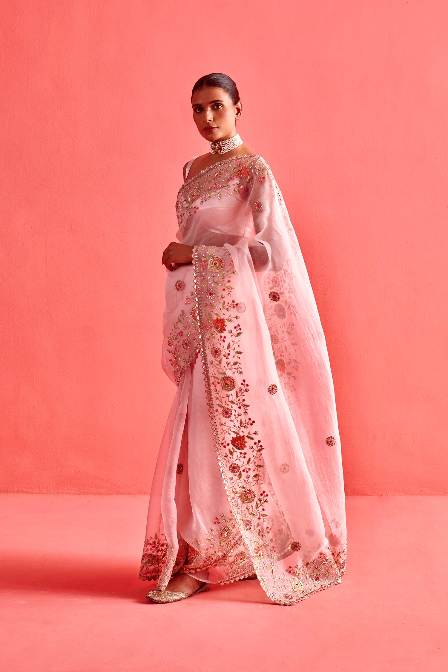 Powdered Pink Hand Embrodiered Saree With Mashru Silk Blouse