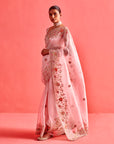 Powdered Pink Hand Embrodiered Saree With Mashru Silk Blouse