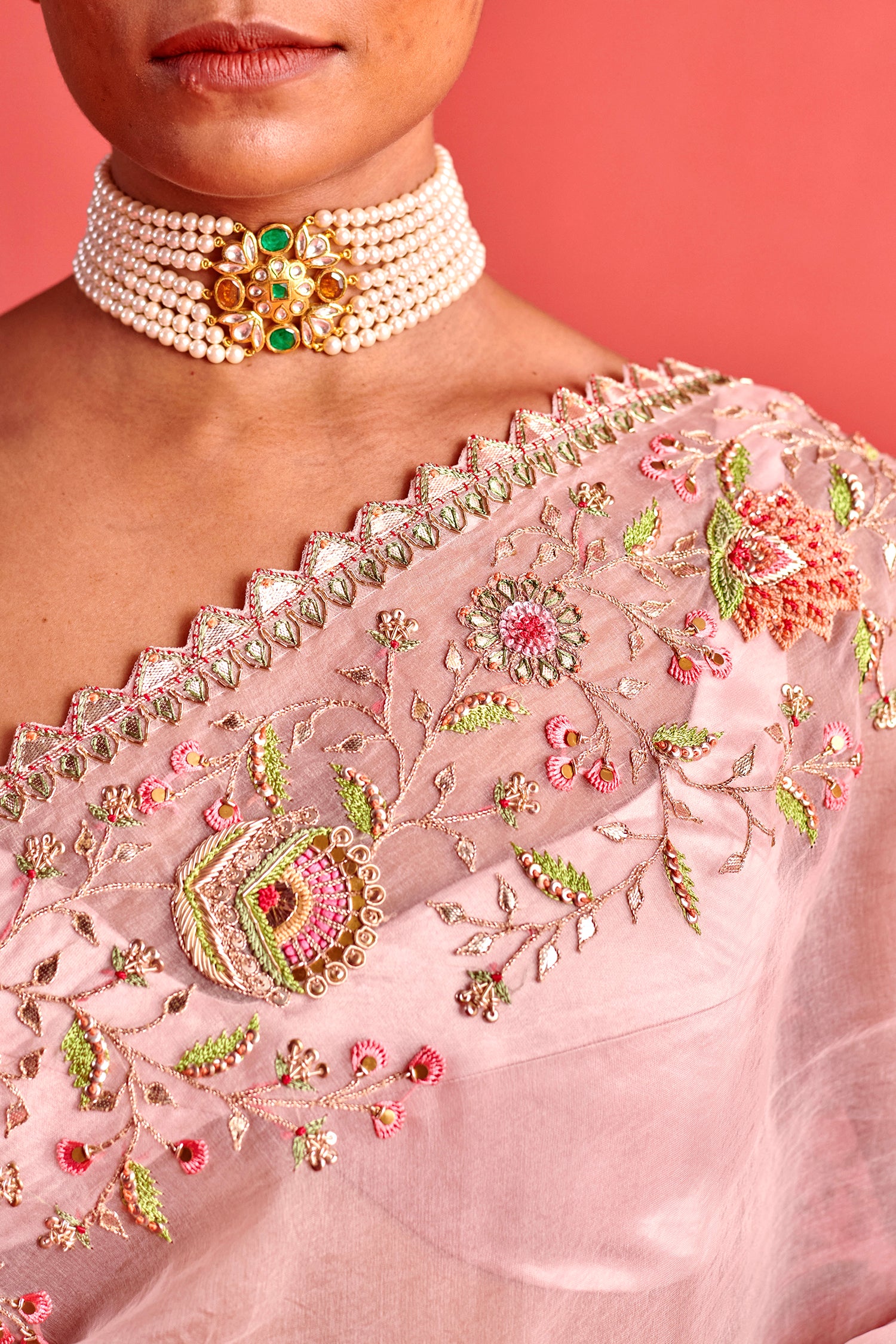 Powdered Pink Hand Embrodiered Saree With Mashru Silk Blouse