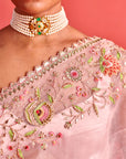 Powdered Pink Hand Embrodiered Saree With Mashru Silk Blouse