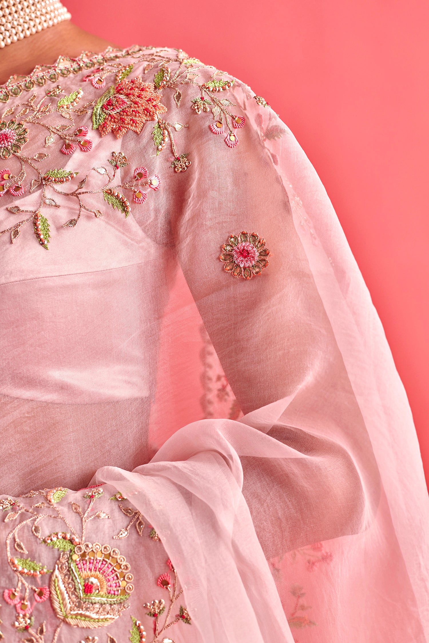 Powdered Pink Hand Embrodiered Saree With Mashru Silk Blouse