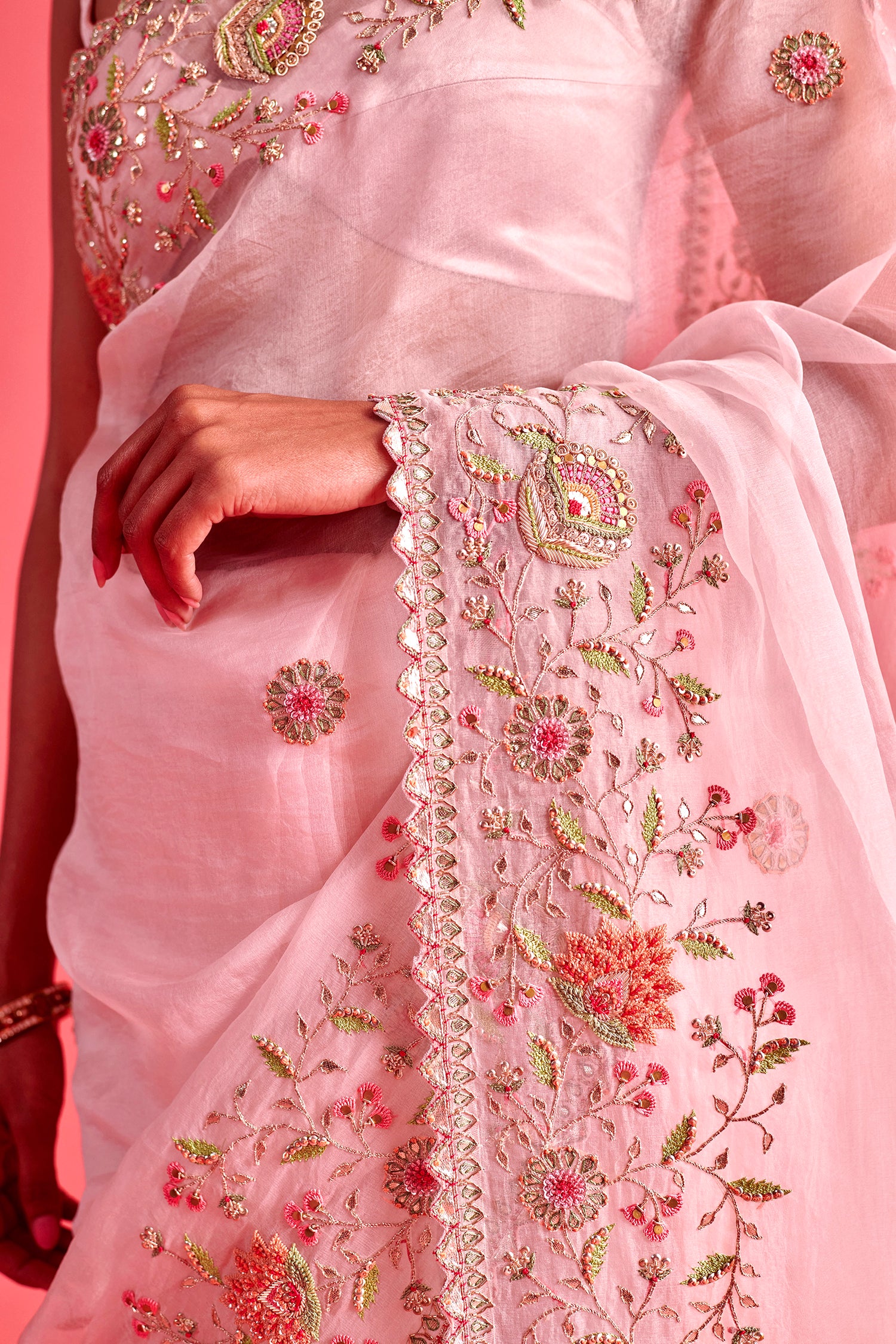 Powdered Pink Hand Embrodiered Saree With Mashru Silk Blouse