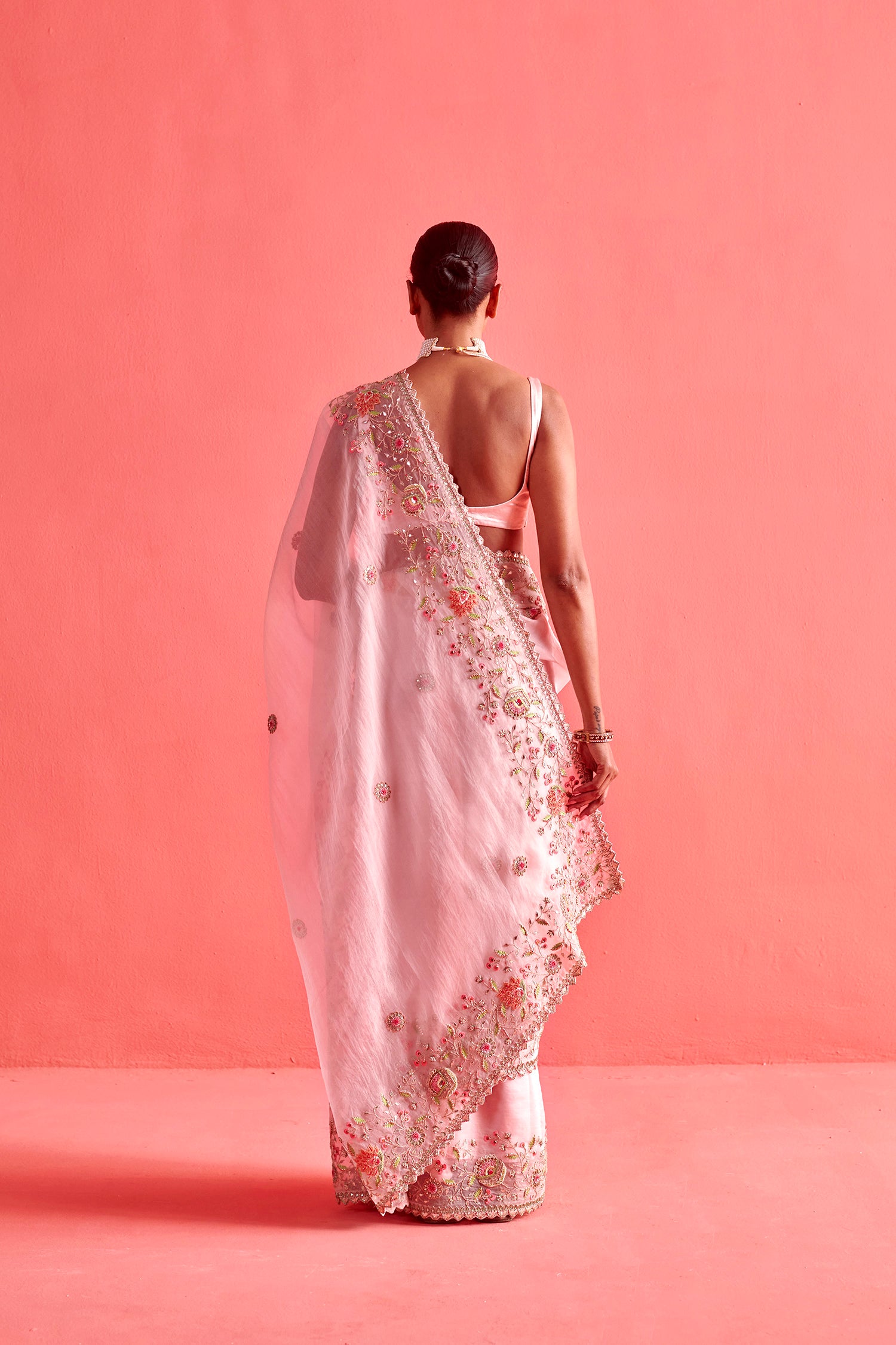Powdered Pink Hand Embrodiered Saree With Mashru Silk Blouse