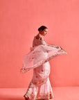 Powdered Pink Hand Embrodiered Saree With Mashru Silk Blouse