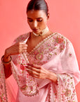 Powdered Pink Hand Embrodiered Saree With Mashru Silk Blouse