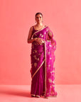 Magenta Hand Embrodiered Saree With Mashru Silk Blouse