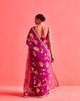 Magenta Hand Embrodiered Saree With Mashru Silk Blouse