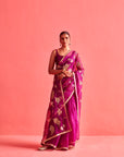 Magenta Hand Embrodiered Saree With Mashru Silk Blouse