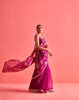 Magenta Hand Embrodiered Saree With Mashru Silk Blouse