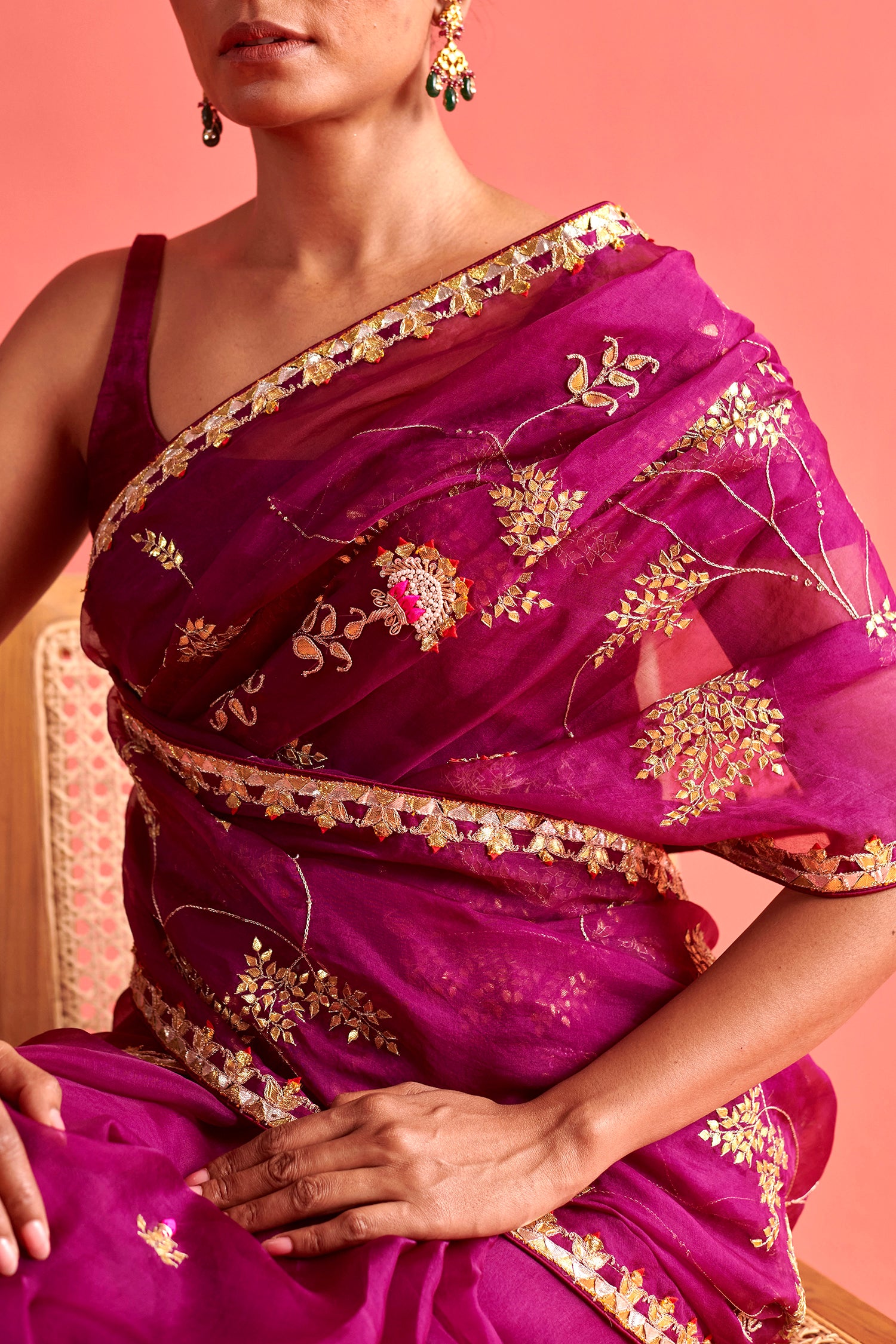 Magenta Hand Embrodiered Saree With Mashru Silk Blouse