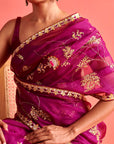 Magenta Hand Embrodiered Saree With Mashru Silk Blouse