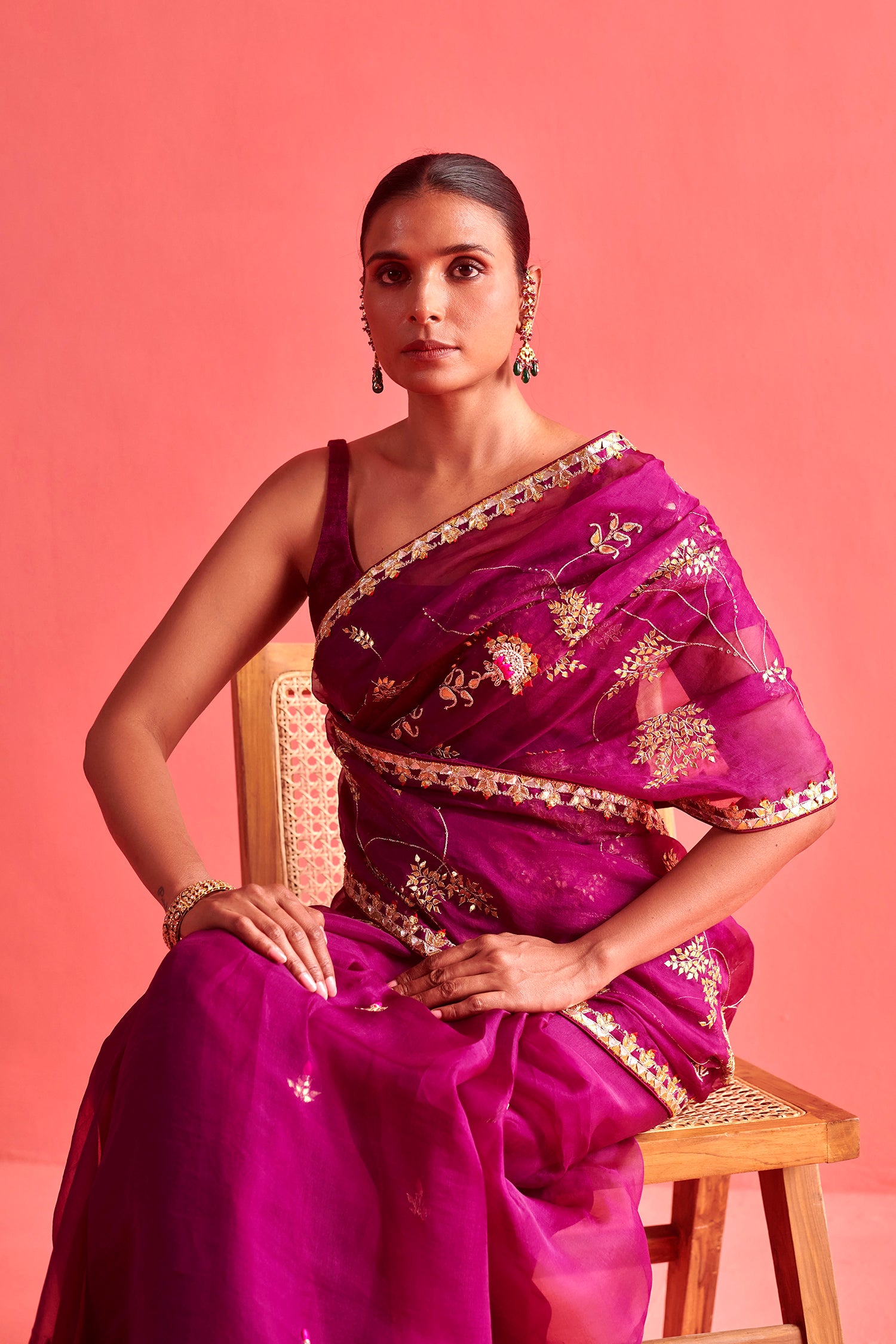 Magenta Hand Embrodiered Saree With Mashru Silk Blouse
