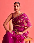Magenta Hand Embrodiered Saree With Mashru Silk Blouse
