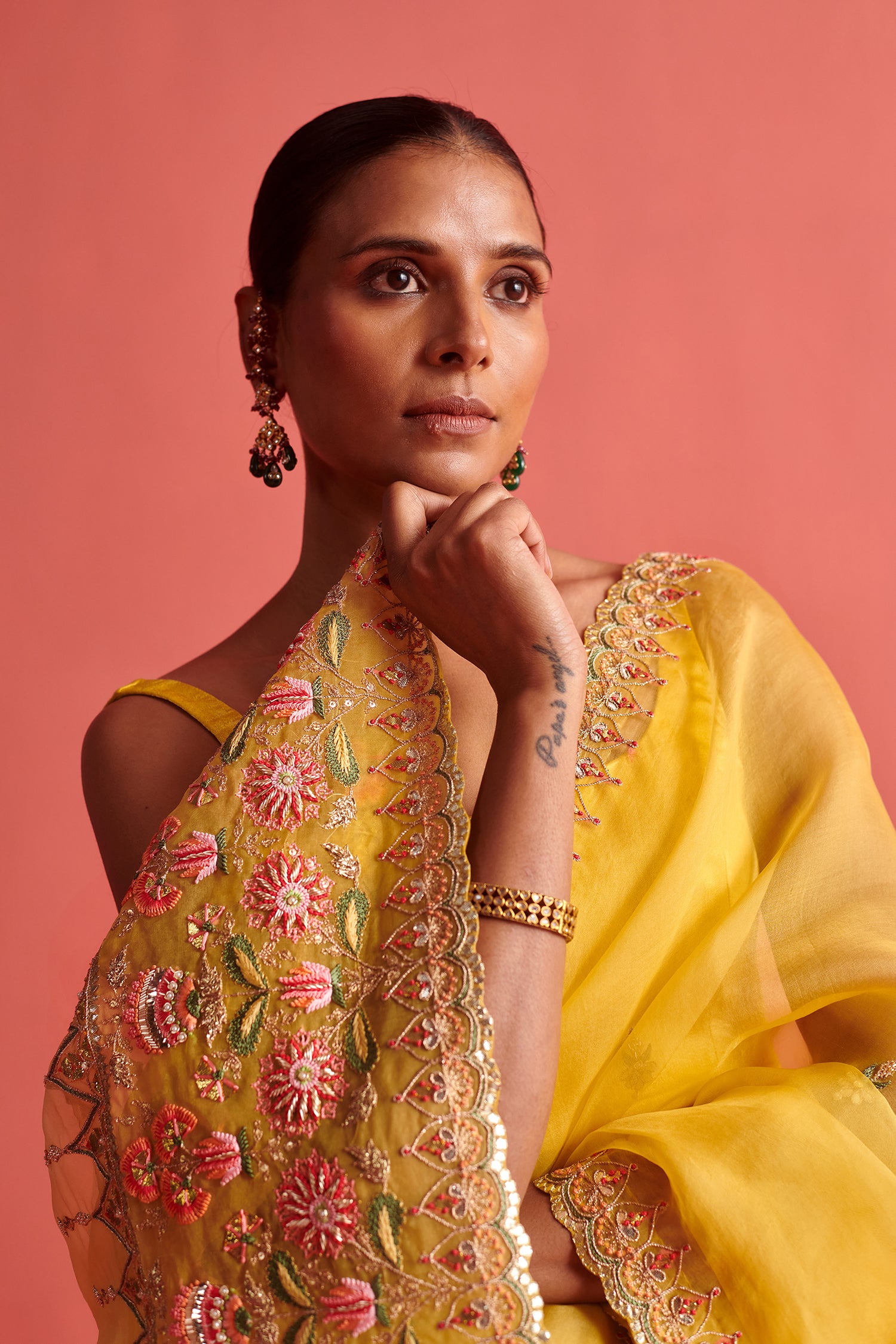 Yellow Hand Embrodiered Saree With Mashru Silk Blouse