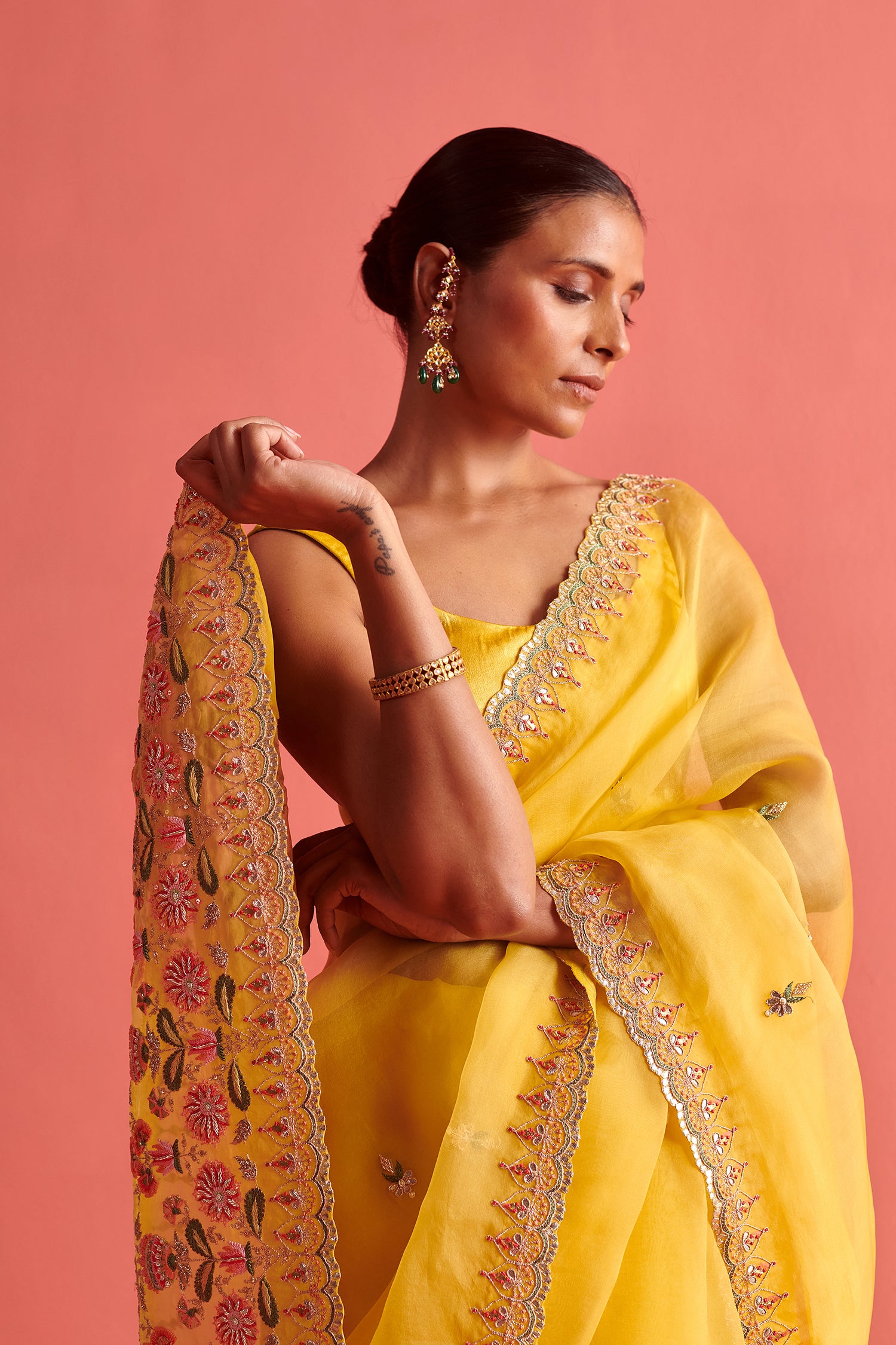 Yellow Hand Embrodiered Saree With Mashru Silk Blouse