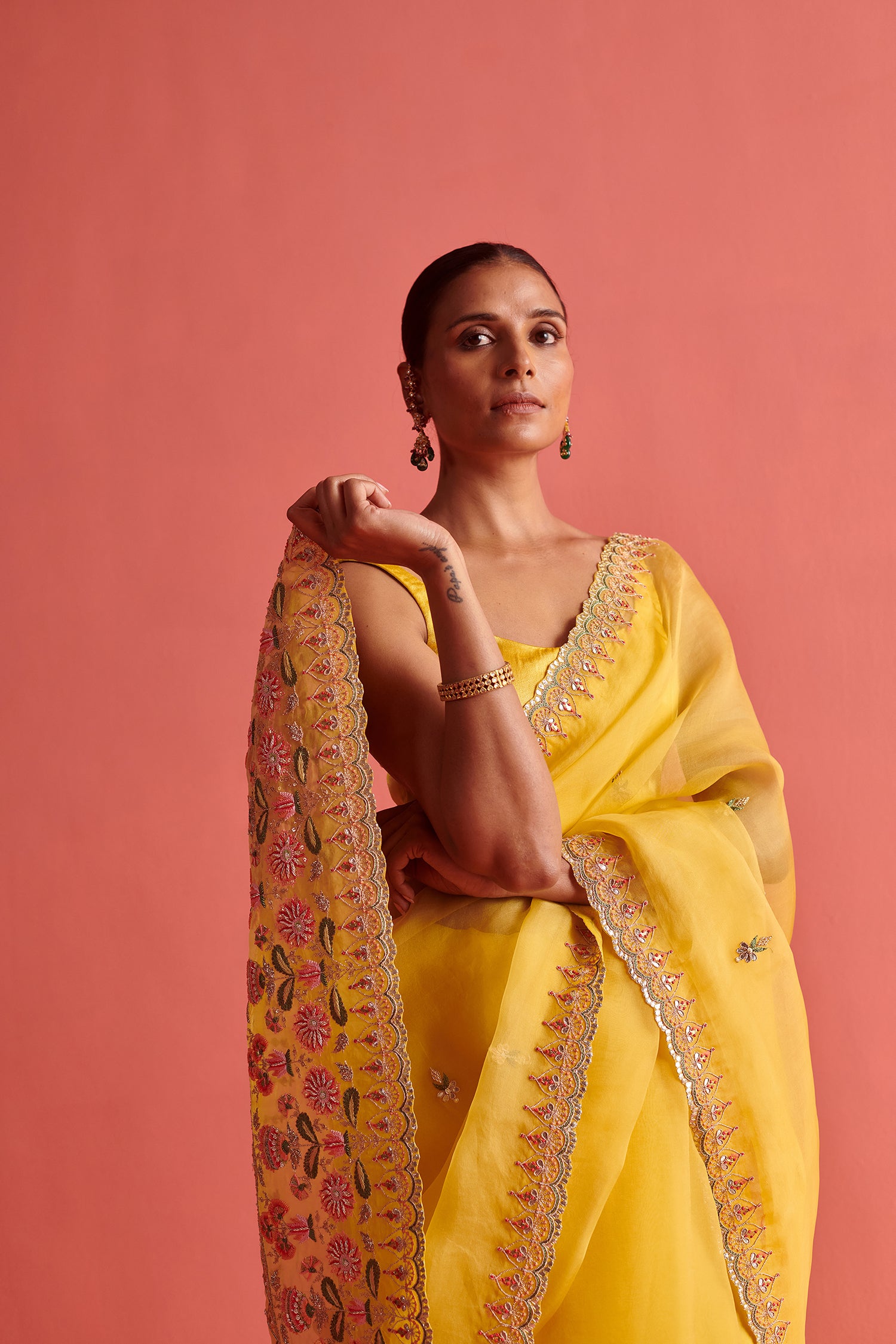 Yellow Hand Embrodiered Saree With Mashru Silk Blouse