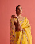 Yellow Hand Embrodiered Saree With Mashru Silk Blouse