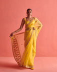Yellow Hand Embrodiered Saree With Mashru Silk Blouse