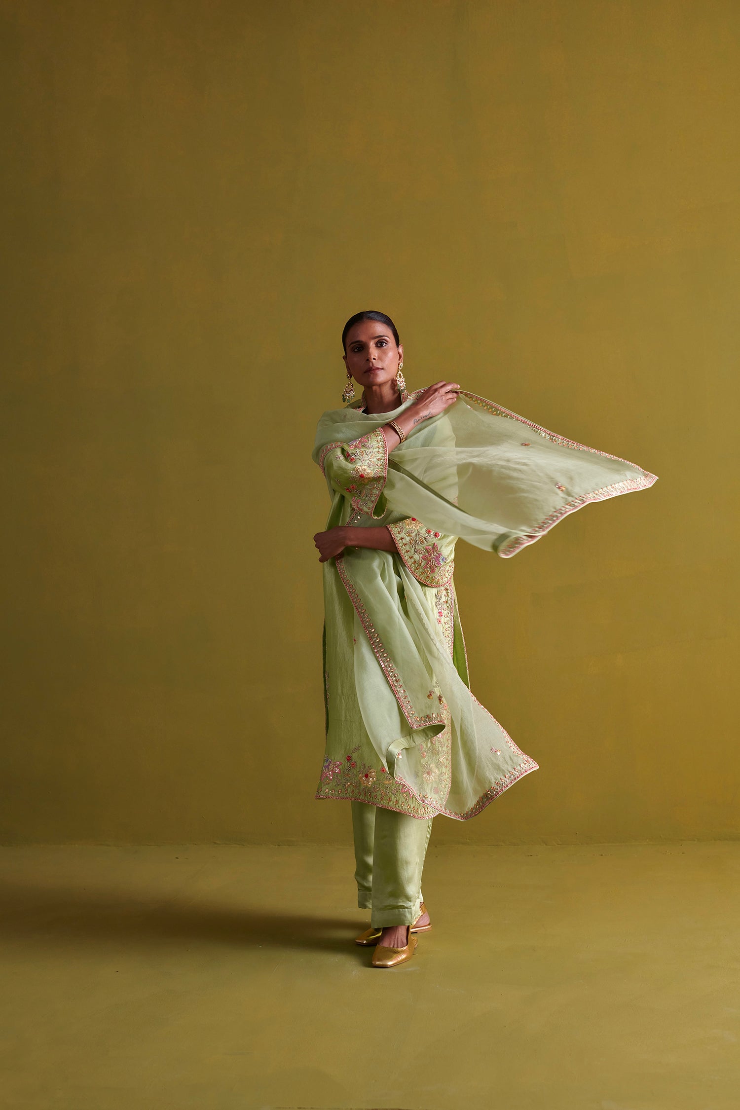 Kora Silk Kurti, Bamberg Satin Pallazo With Organza Dupatta