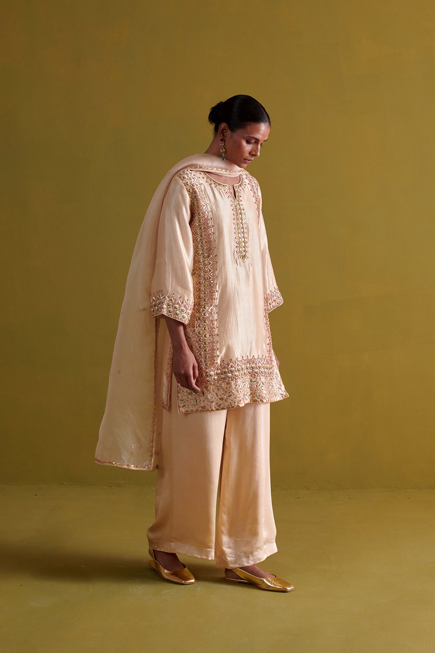 Kora Silk Kurti, Bamberg Satin Pallazo With Organza Dupatta