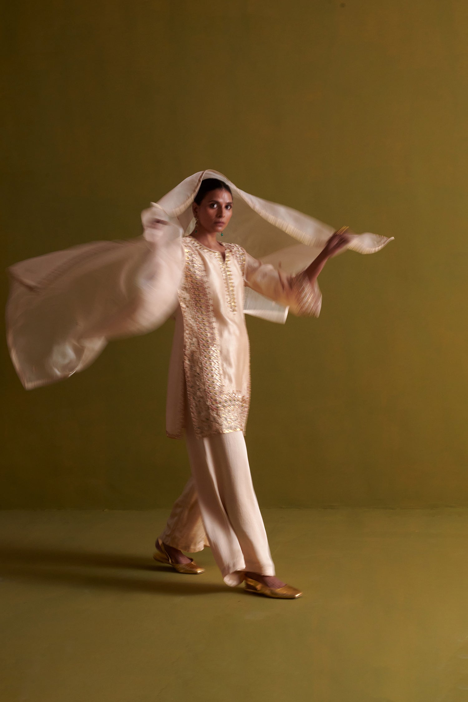 Kora Silk Kurti, Bamberg Satin Pallazo With Organza Dupatta