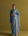 Marine Blue Hand Embrodiered Saree With Raw Silk Blouse