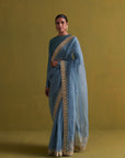 Marine Blue Hand Embrodiered Saree With Raw Silk Blouse