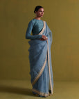 Marine Blue Hand Embrodiered Saree With Raw Silk Blouse