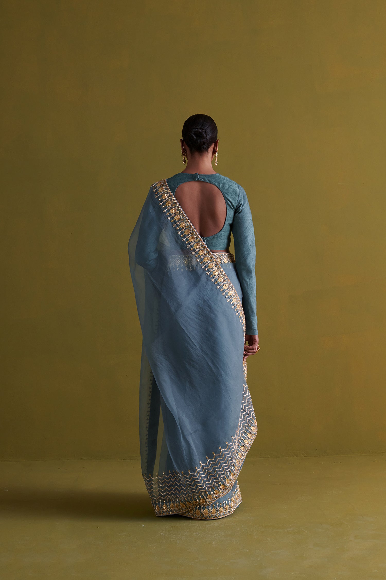 Marine Blue Hand Embrodiered Saree With Raw Silk Blouse