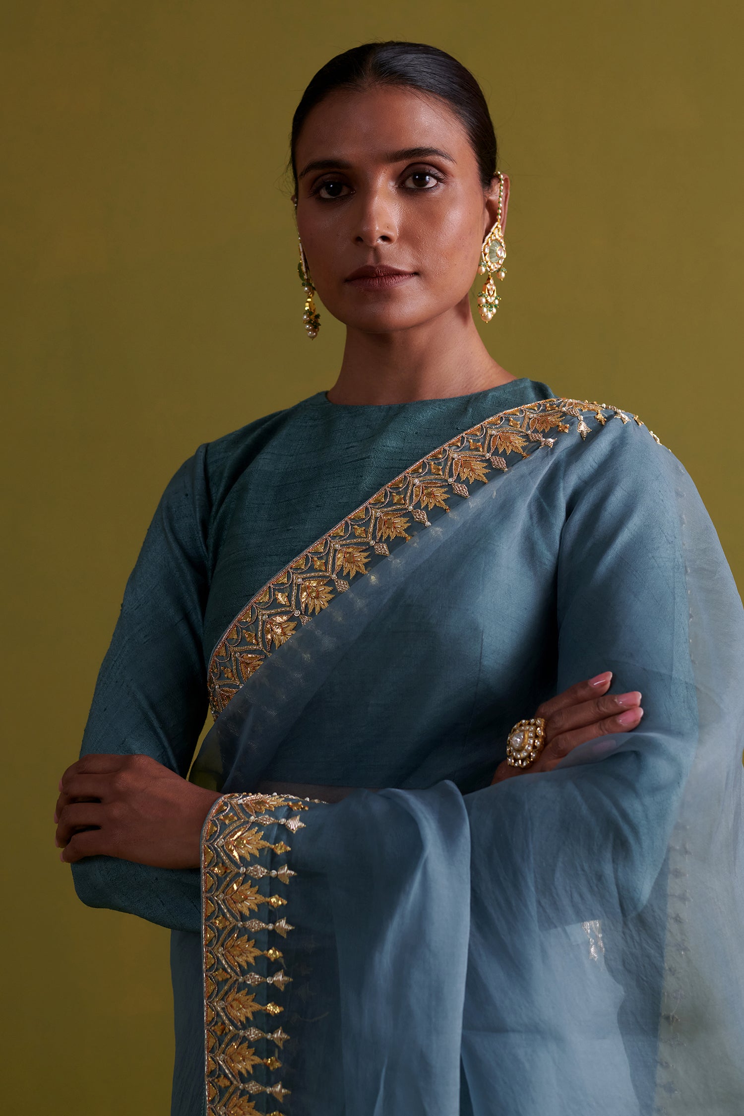Marine Blue Hand Embrodiered Saree With Raw Silk Blouse