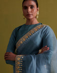 Marine Blue Hand Embrodiered Saree With Raw Silk Blouse