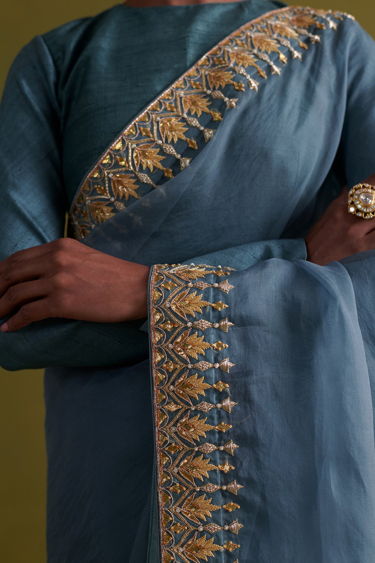 Marine Blue Hand Embrodiered Saree With Raw Silk Blouse