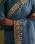 Marine Blue Hand Embrodiered Saree With Raw Silk Blouse
