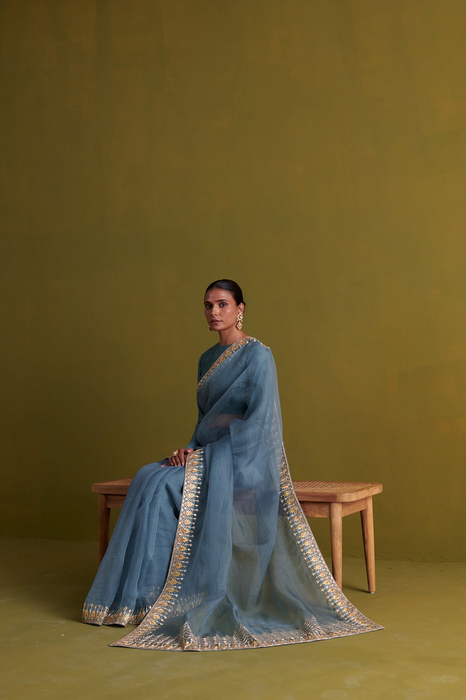 Marine Blue Hand Embrodiered Saree With Raw Silk Blouse