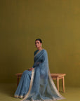 Marine Blue Hand Embrodiered Saree With Raw Silk Blouse