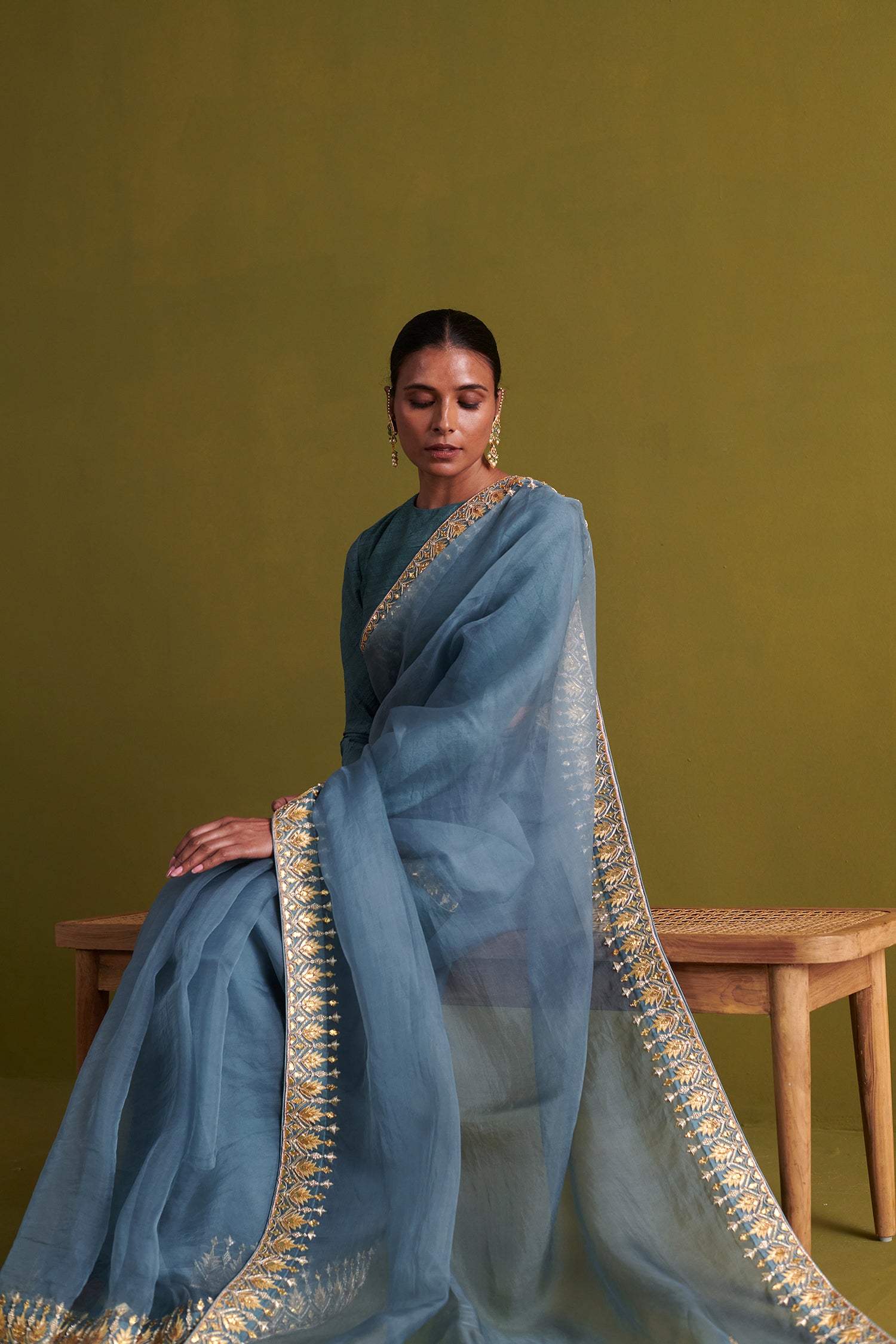 Marine Blue Hand Embrodiered Saree With Raw Silk Blouse