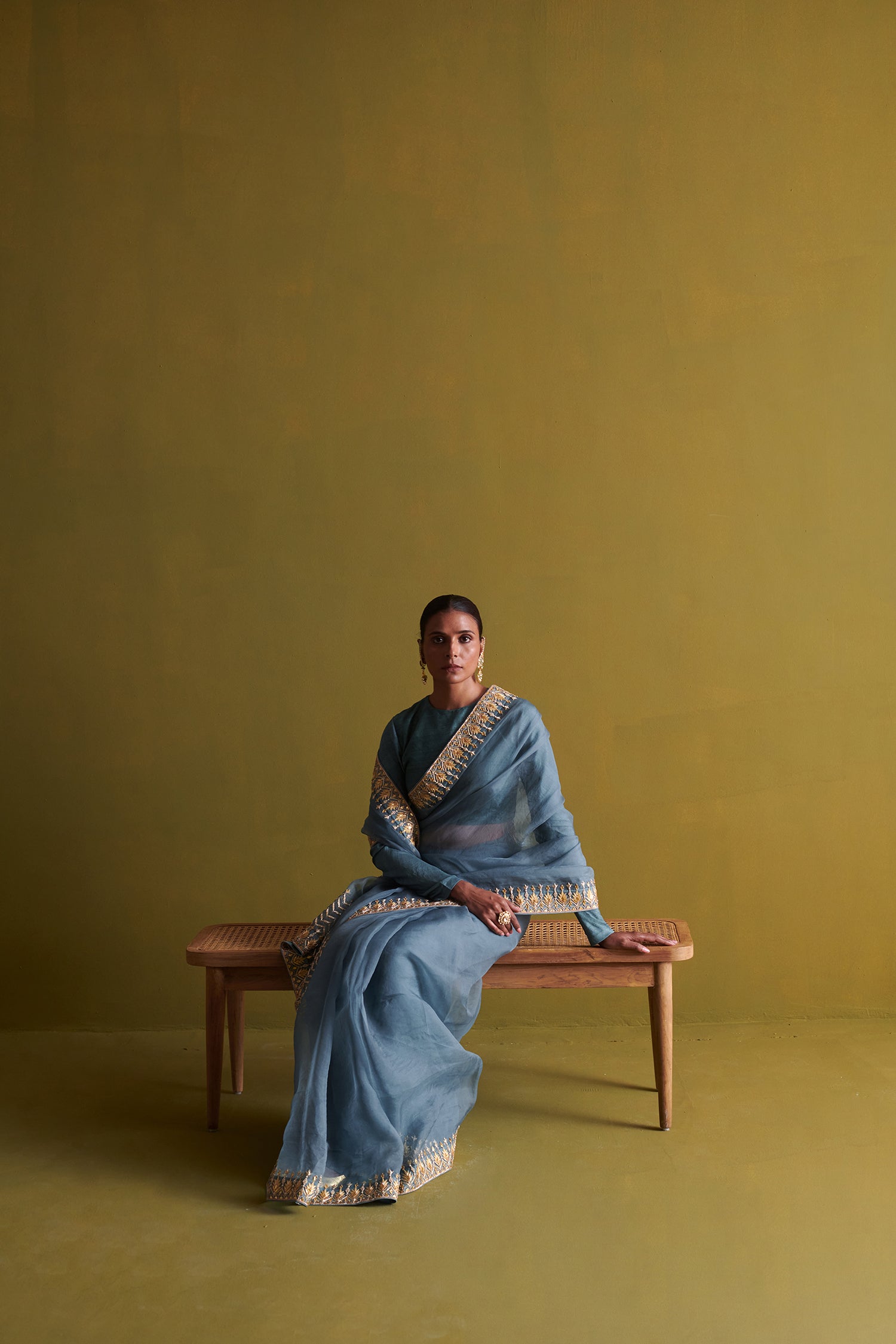 Marine Blue Hand Embrodiered Saree With Raw Silk Blouse