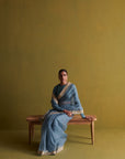 Marine Blue Hand Embrodiered Saree With Raw Silk Blouse