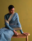 Marine Blue Hand Embrodiered Saree With Raw Silk Blouse