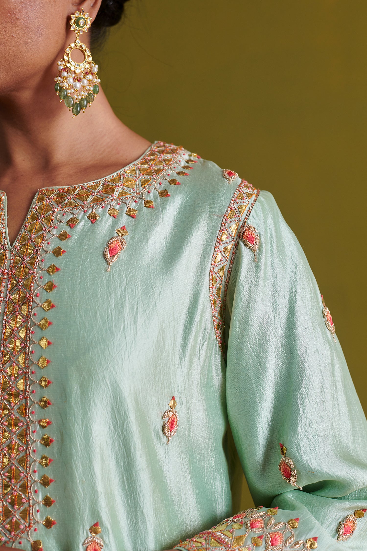 Kora Silk Kurti, Bamberg Satin Pallazo With Organza Dupatta