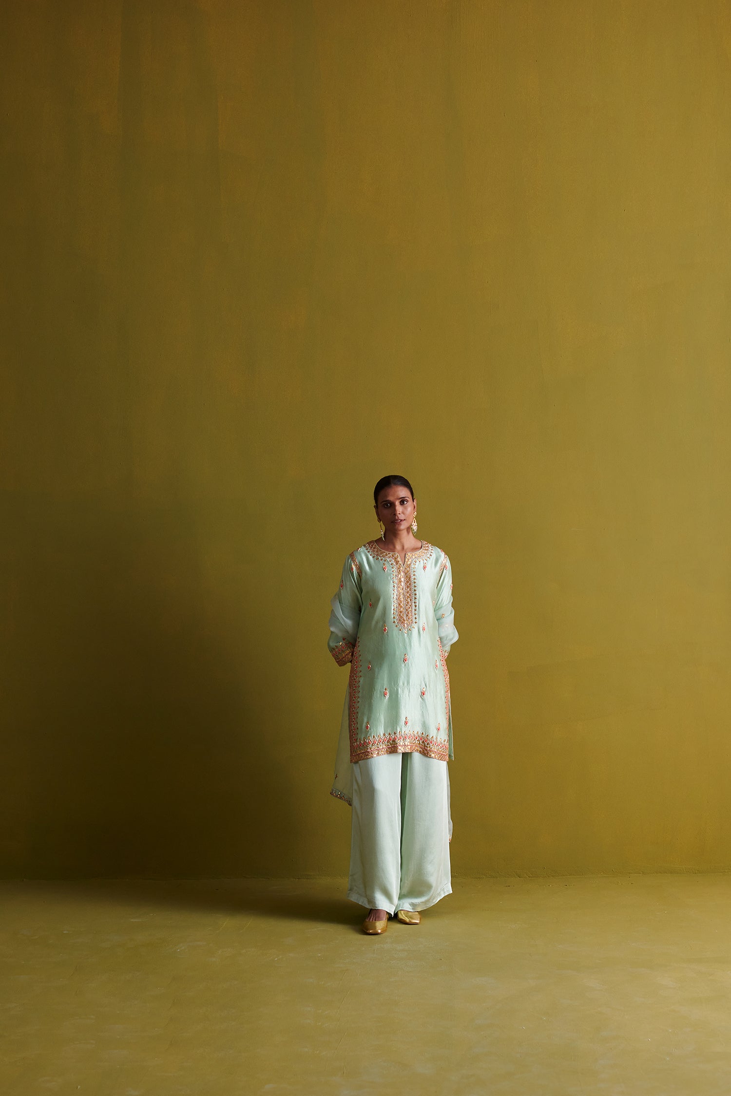 Kora Silk Kurti, Bamberg Satin Pallazo With Organza Dupatta