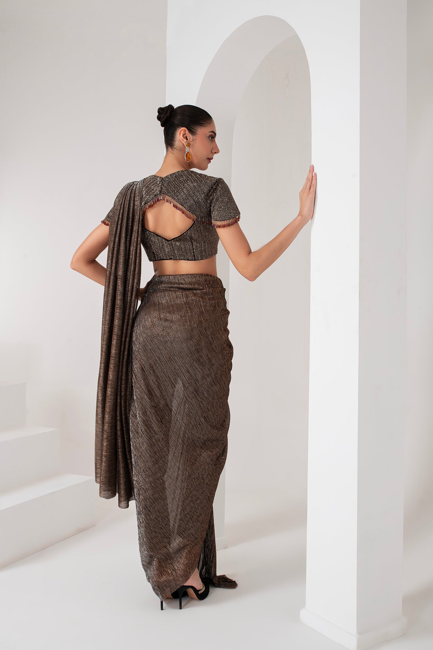 Black crystal hanging embellished pant saree