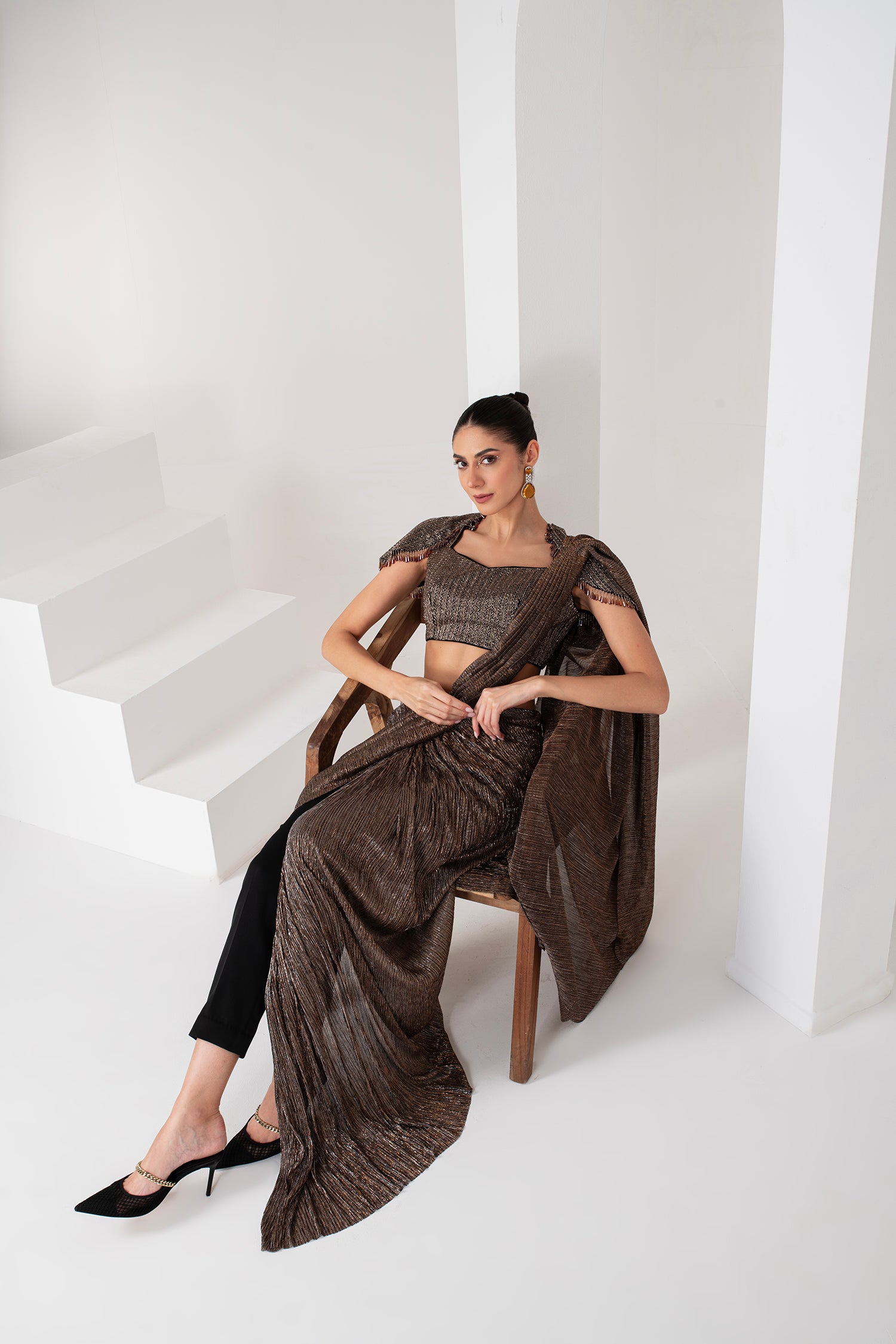 Black crystal hanging embellished pant saree