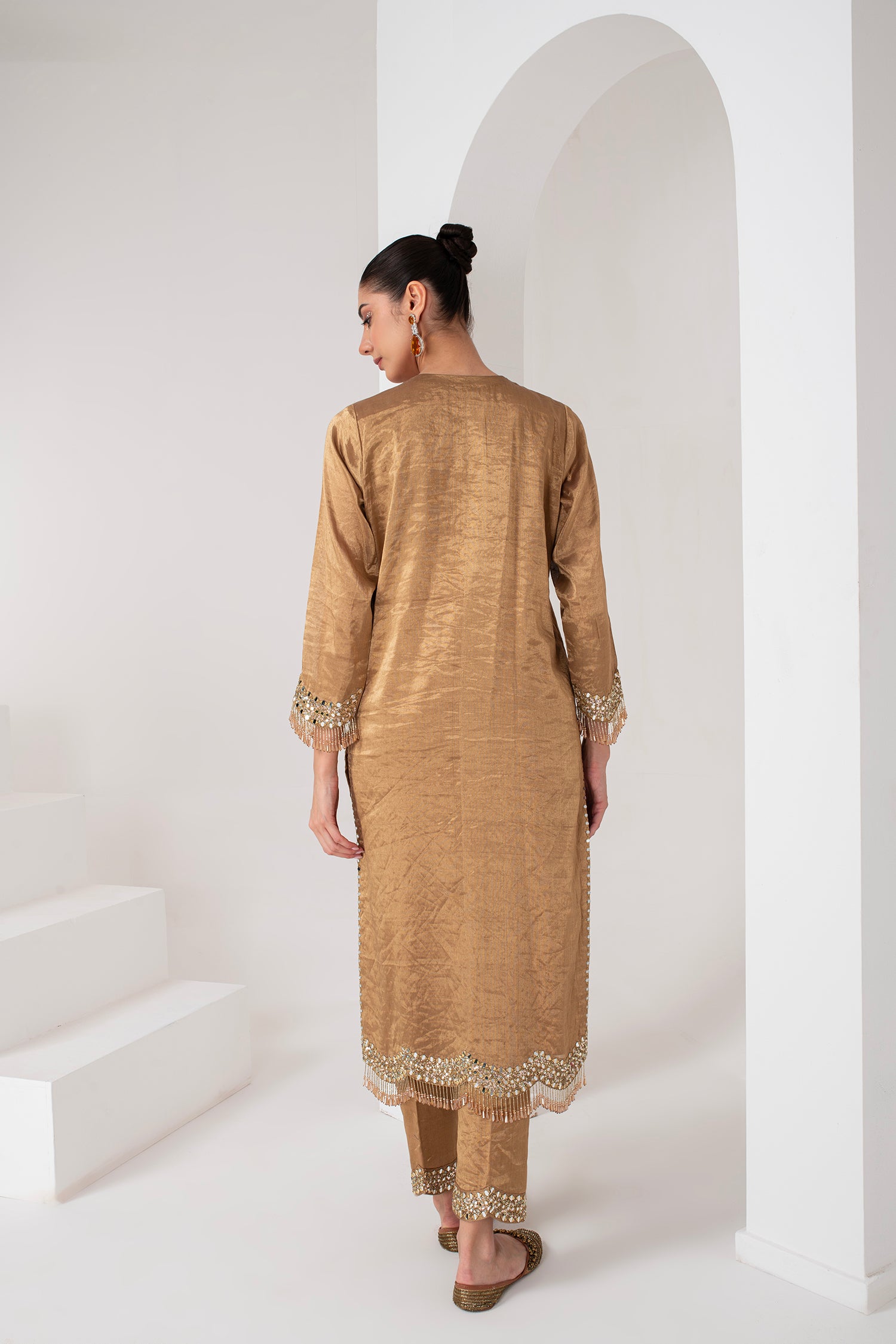 Gold tissue Pakistani suit set