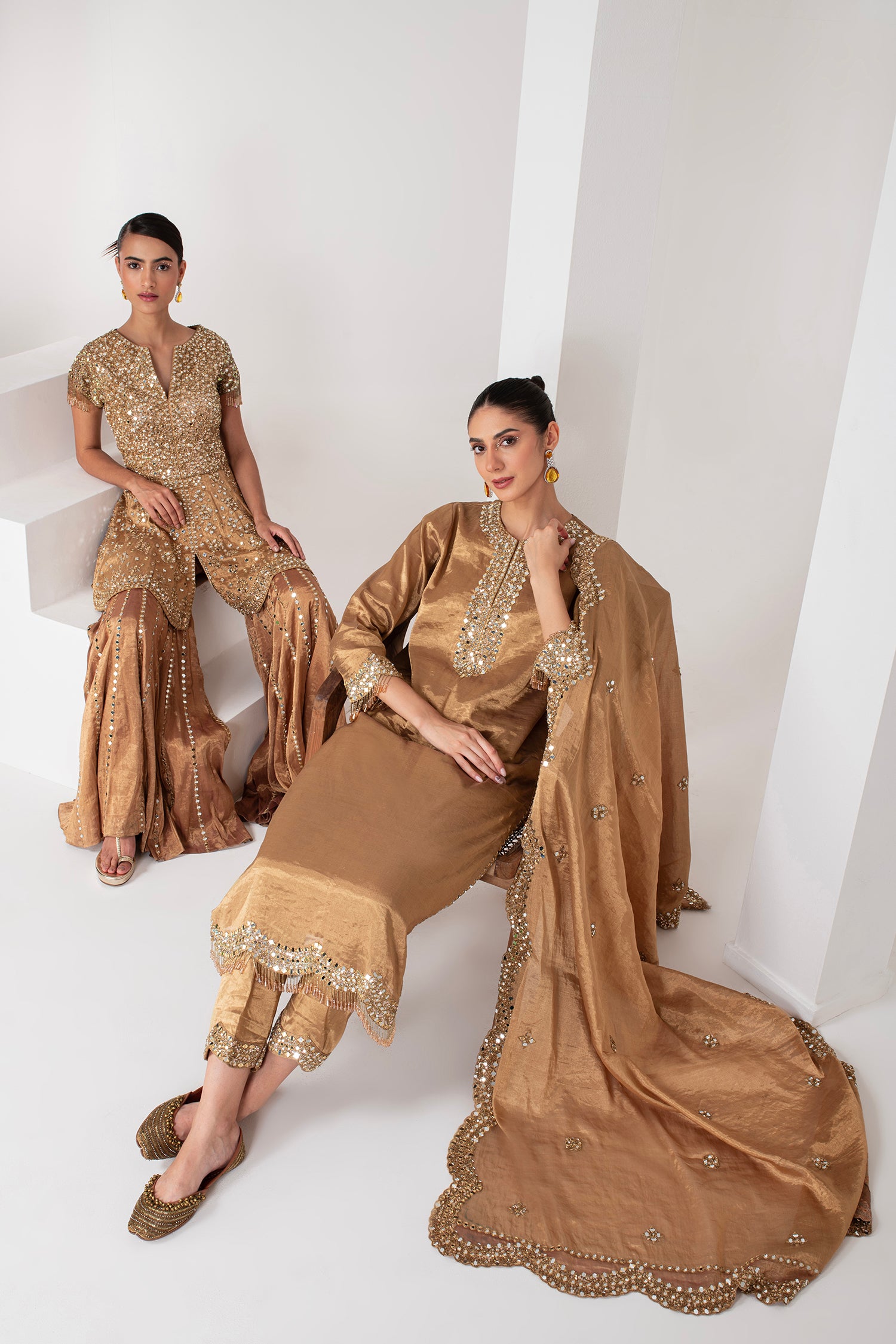 Gold tissue Pakistani suit set