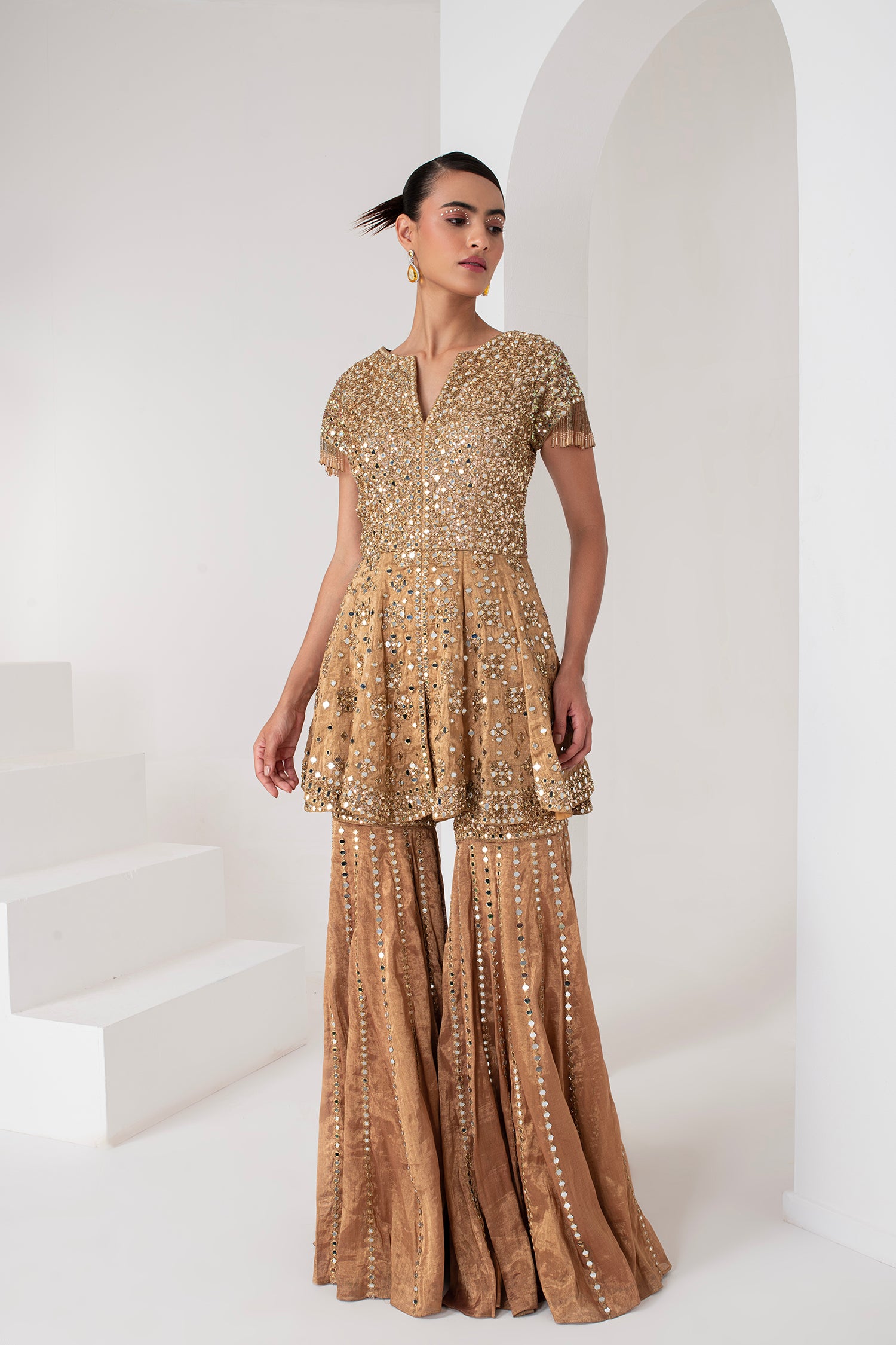Gold tissue short embellished shirt & Sharara set