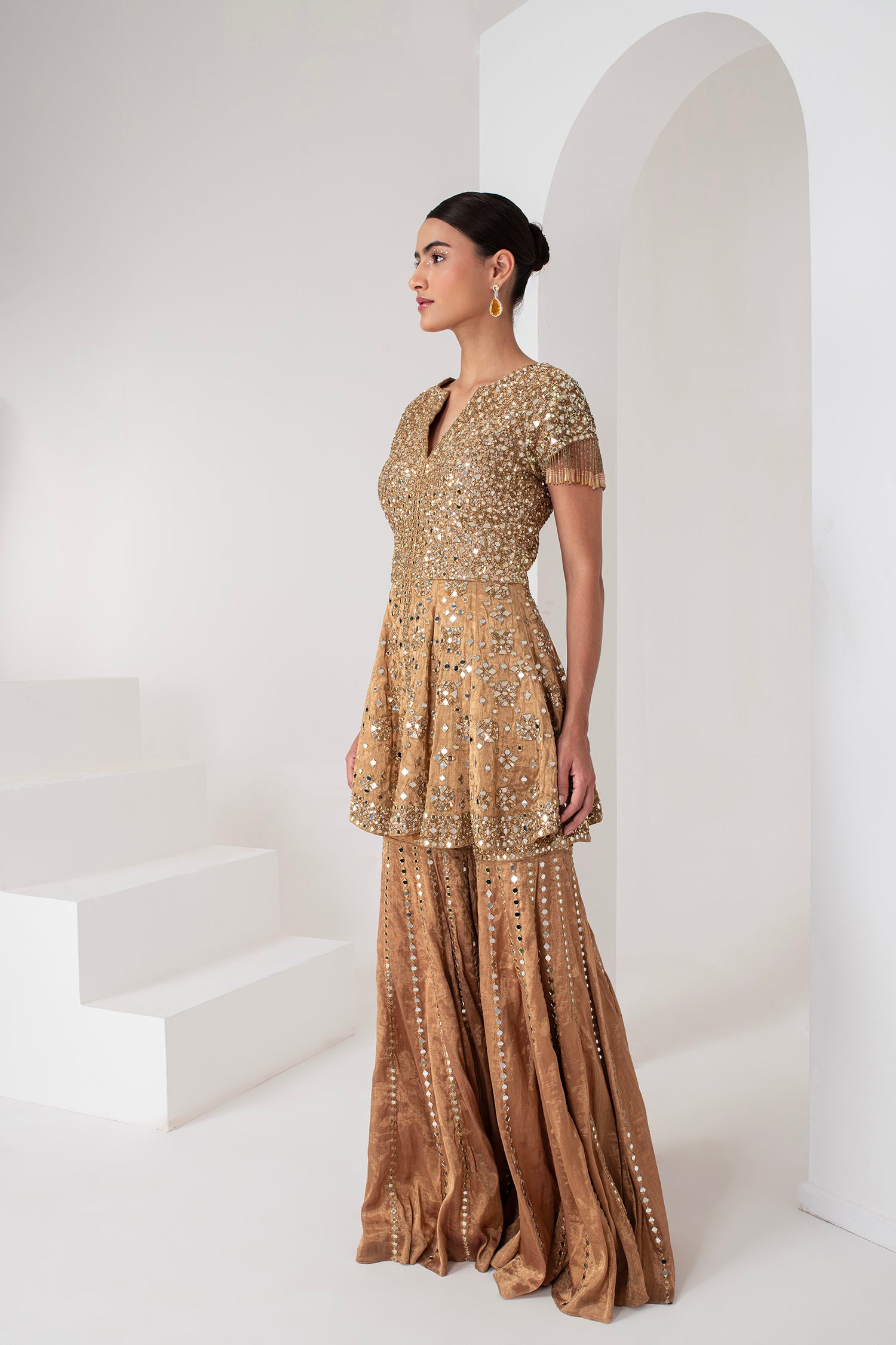 Gold tissue short embellished shirt & Sharara set