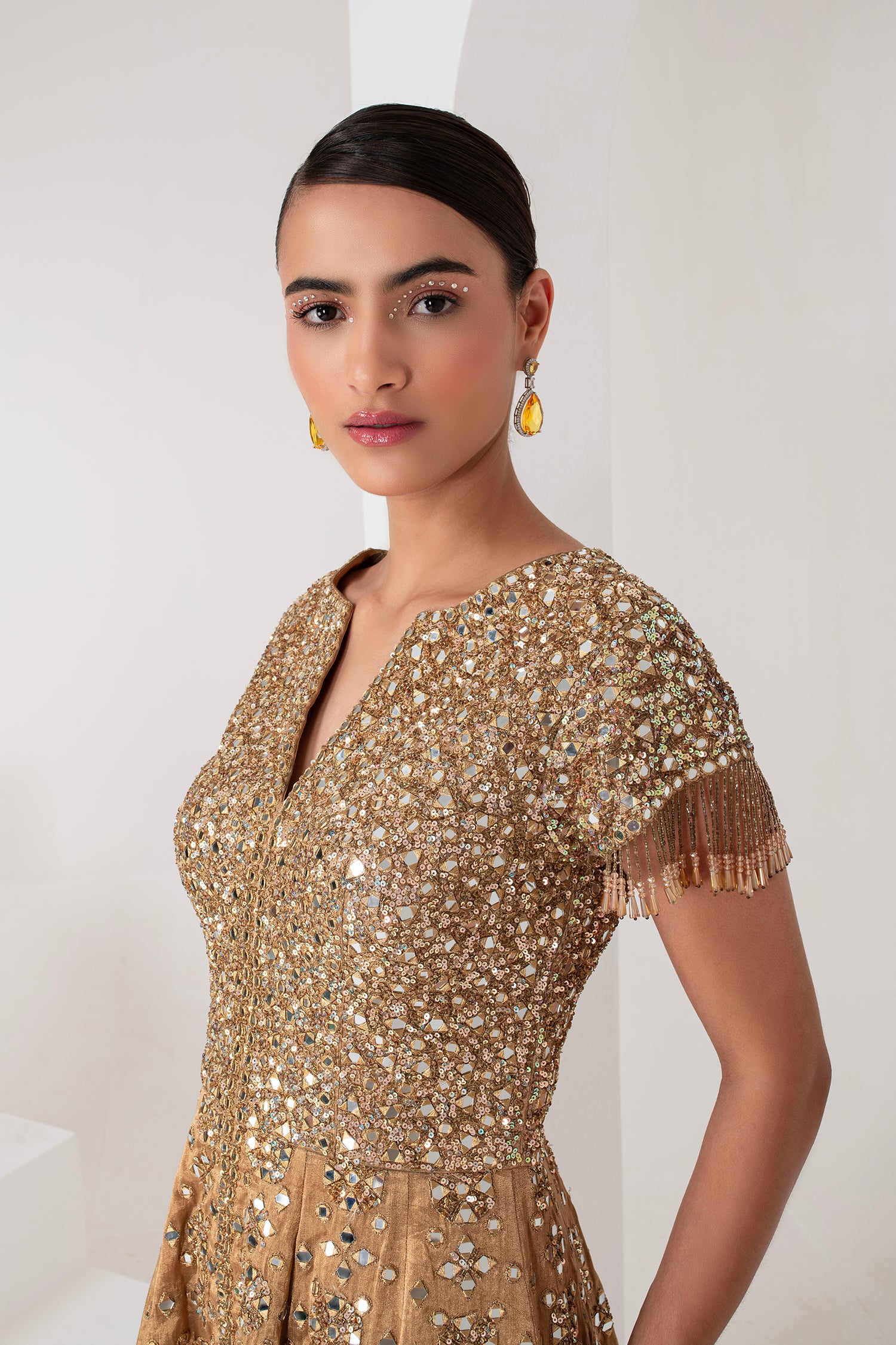 Gold tissue short embellished shirt & Sharara set