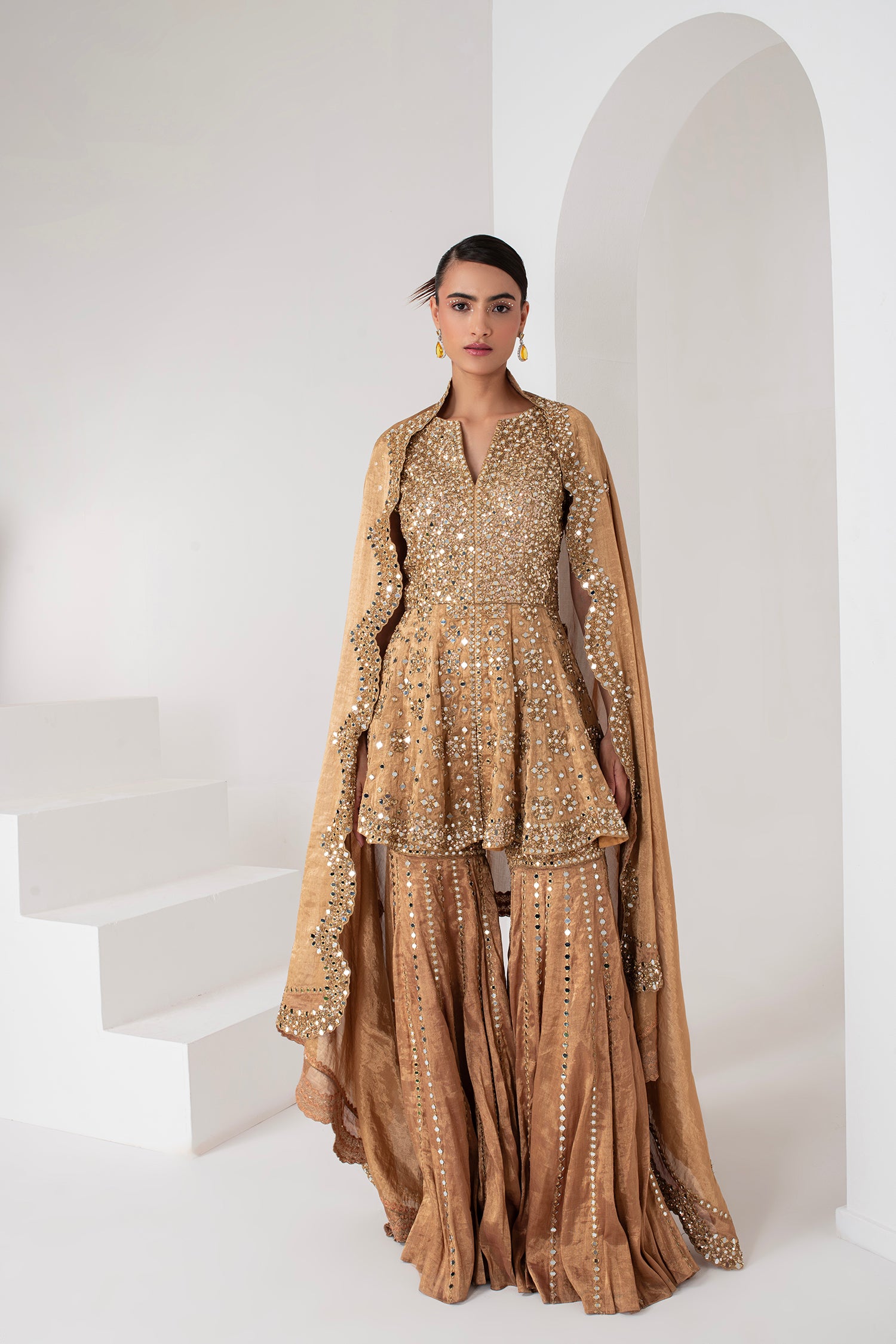 Gold tissue short embellished shirt & Sharara set