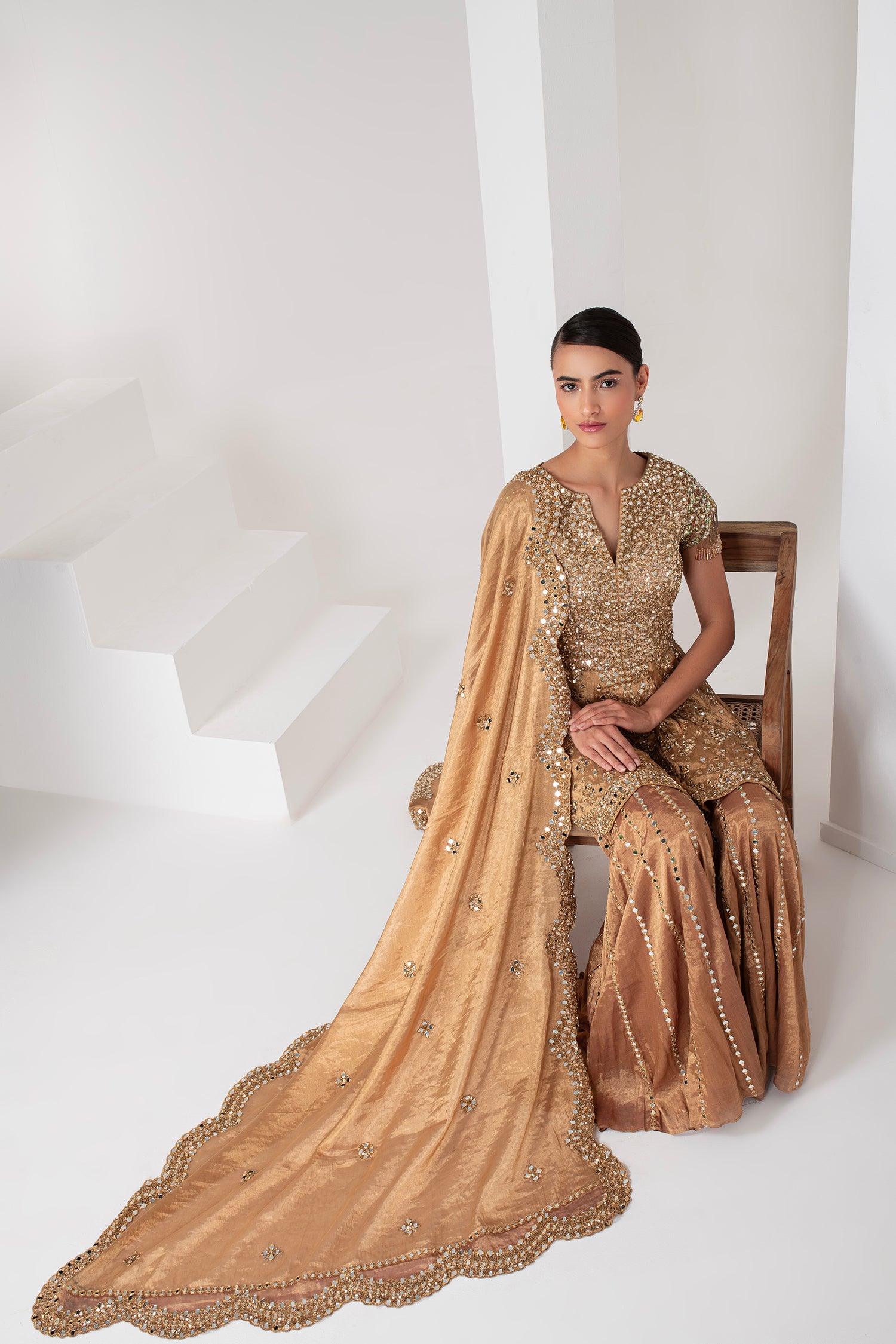 Gold tissue short embellished shirt & Sharara set